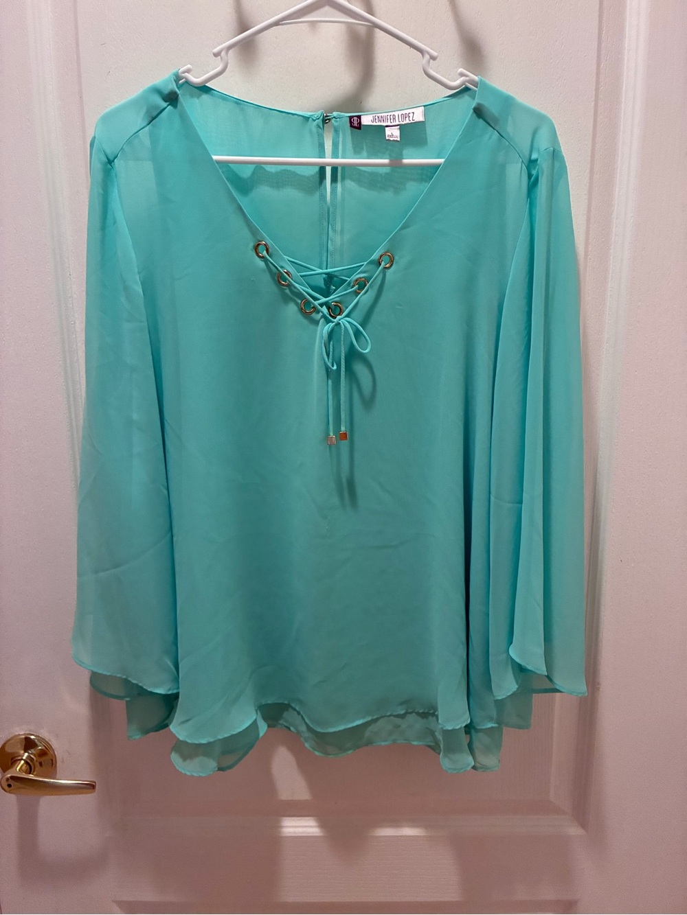 Jennifer Lopez Aqua Lace-Up Chiffon Tunic